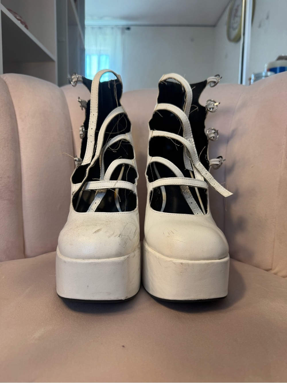White Platform Mary Jane Heels with Strappy Buckles